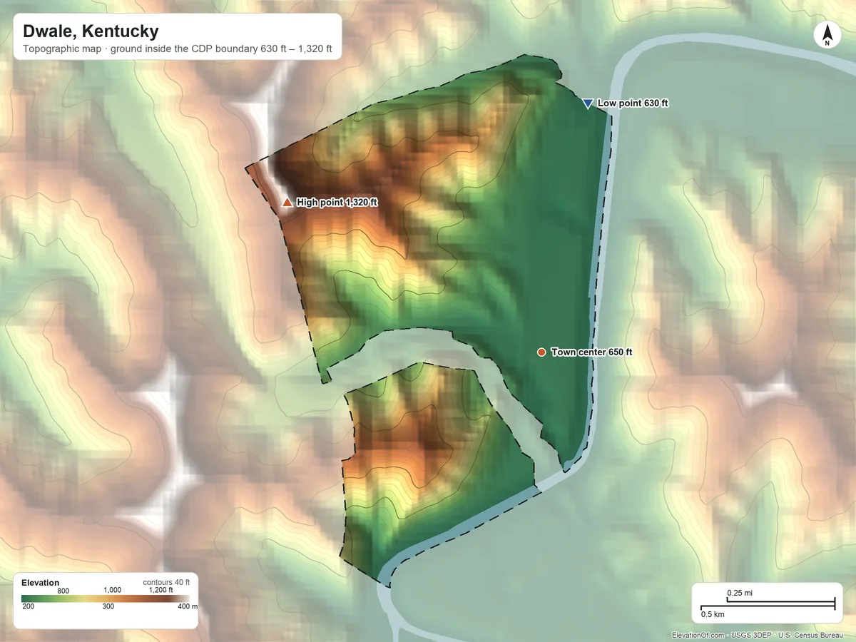 Topographic elevation map of Dwale, Kentucky, shaded from 630 ft on the north side to 1,320 ft on the northwest side