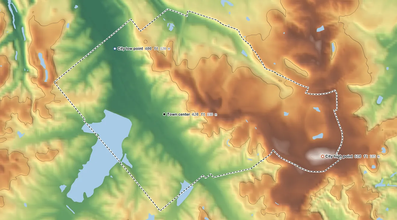 Topographic elevation map of Earlington, Kentucky, shaded from 400 ft on the northwest side to 610 ft on the east side