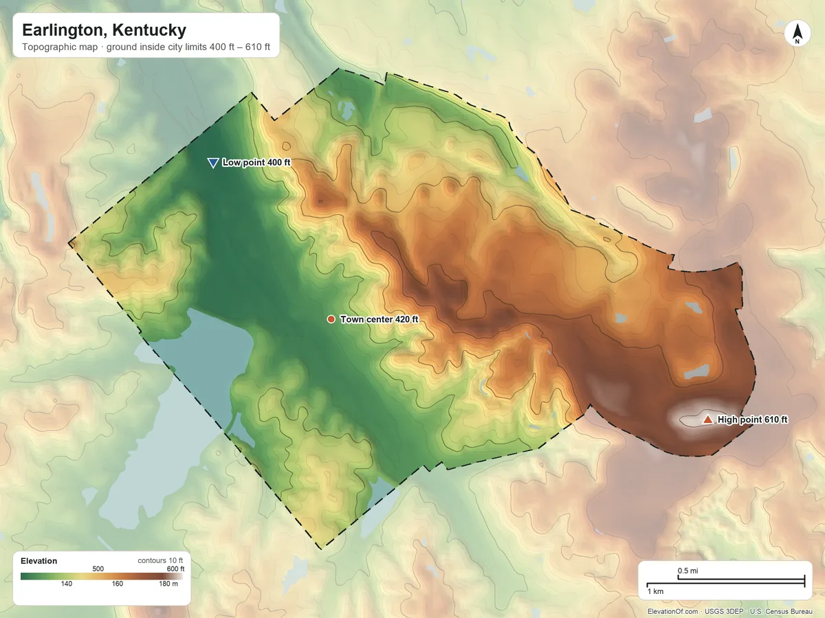 Topographic elevation map of Earlington, Kentucky, shaded from 400 ft on the northwest side to 610 ft on the east side