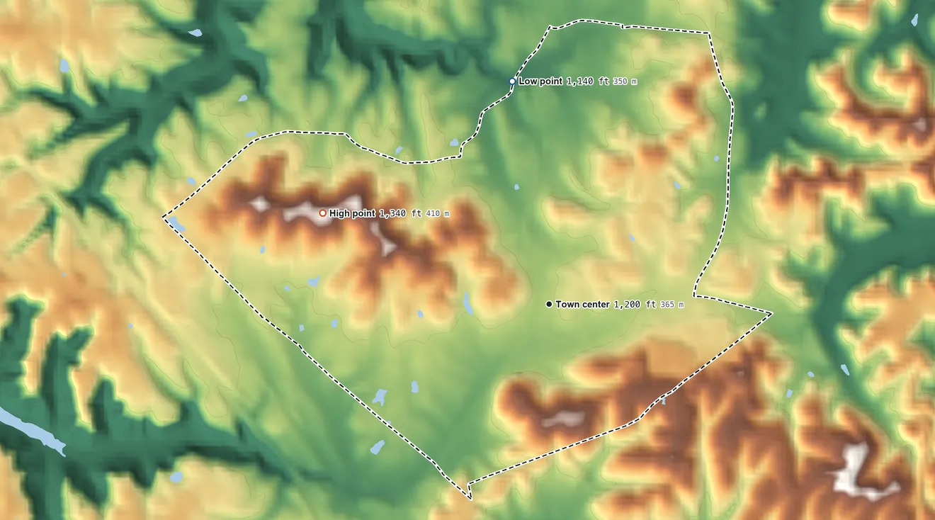 Topographic elevation map of East Bernstadt, Kentucky, shaded from 1,140 ft on the north side to 1,340 ft on the west side