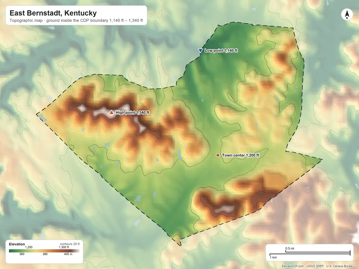 Topographic elevation map of East Bernstadt, Kentucky, shaded from 1,140 ft on the north side to 1,340 ft on the west side