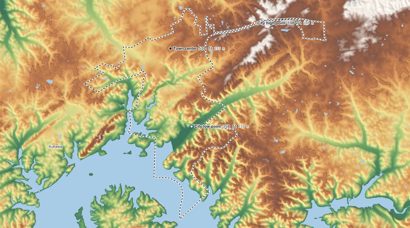 Topographic elevation map of Eddyville, Kentucky, shaded from 350 ft on the south side to 590 ft on the east side