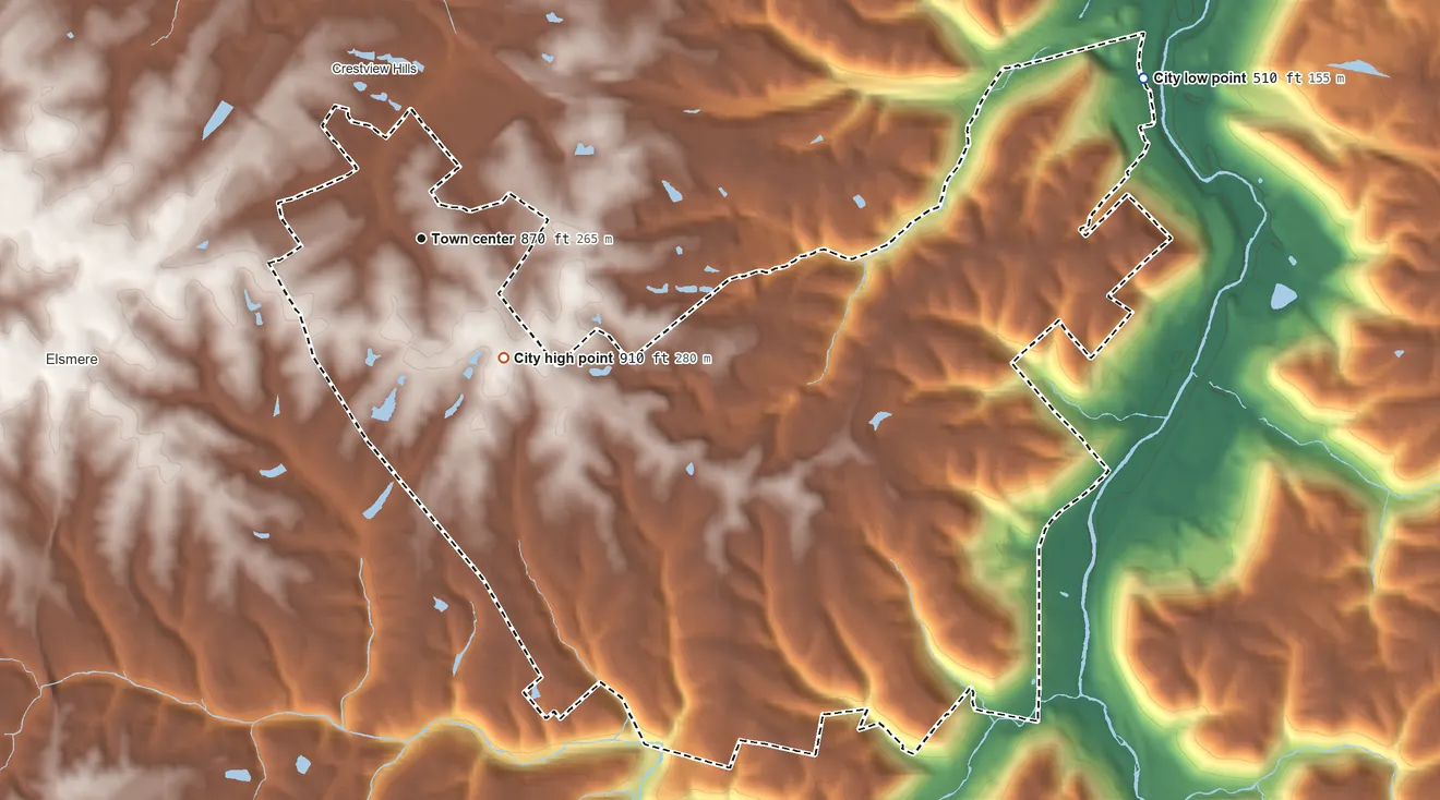 Topographic elevation map of Edgewood, Kentucky, shaded from 510 ft on the east side to 910 ft on the southeast side