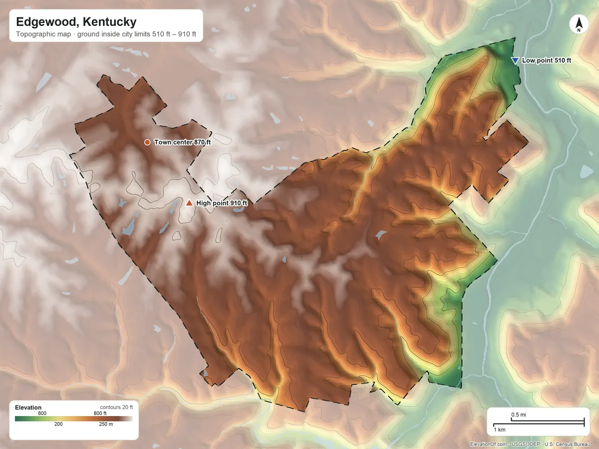Topographic elevation map of Edgewood, Kentucky, shaded from 510 ft on the east side to 910 ft on the southeast side