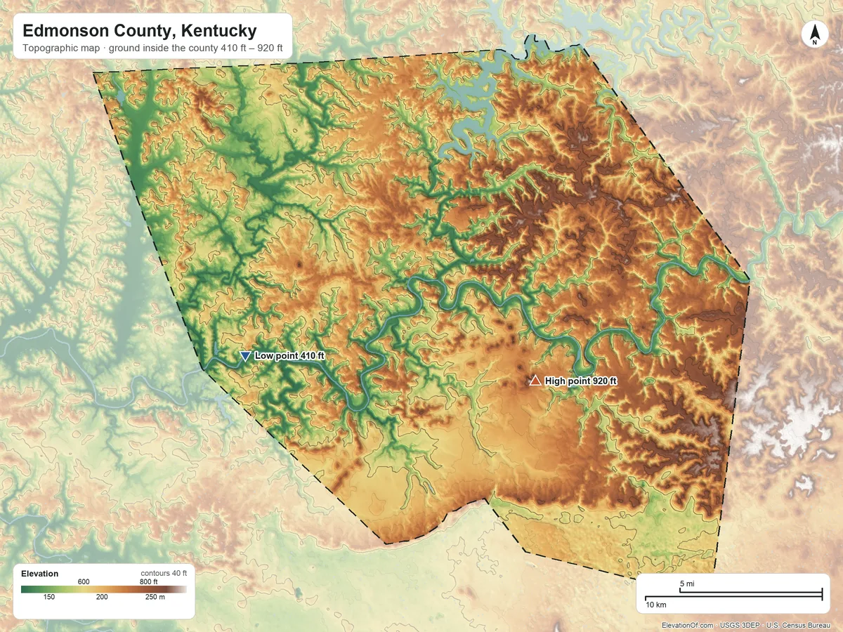 Topographic elevation map of Edmonson County, Kentucky, shaded from 410 ft on the west side to 920 ft on the southeast side