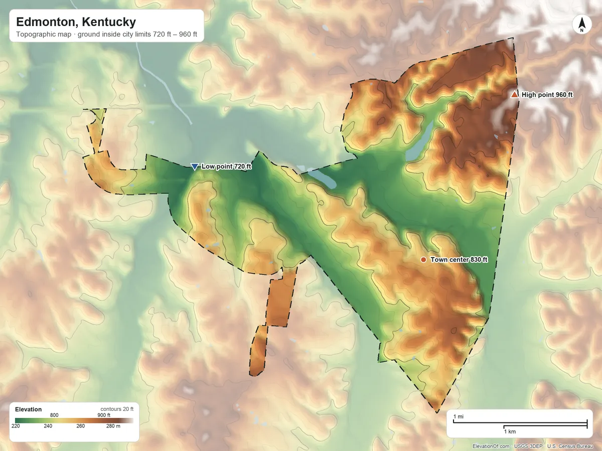 Topographic elevation map of Edmonton, Kentucky, shaded from 720 ft on the west side to 960 ft on the northeast side