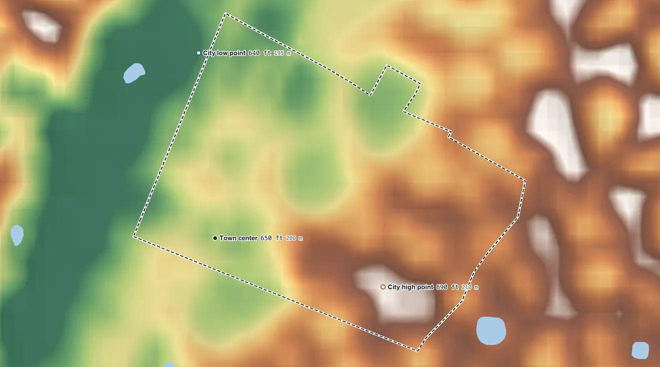 Topographic elevation map of Ekron, Kentucky, shaded from 640 ft on the north side to 690 ft on the east side