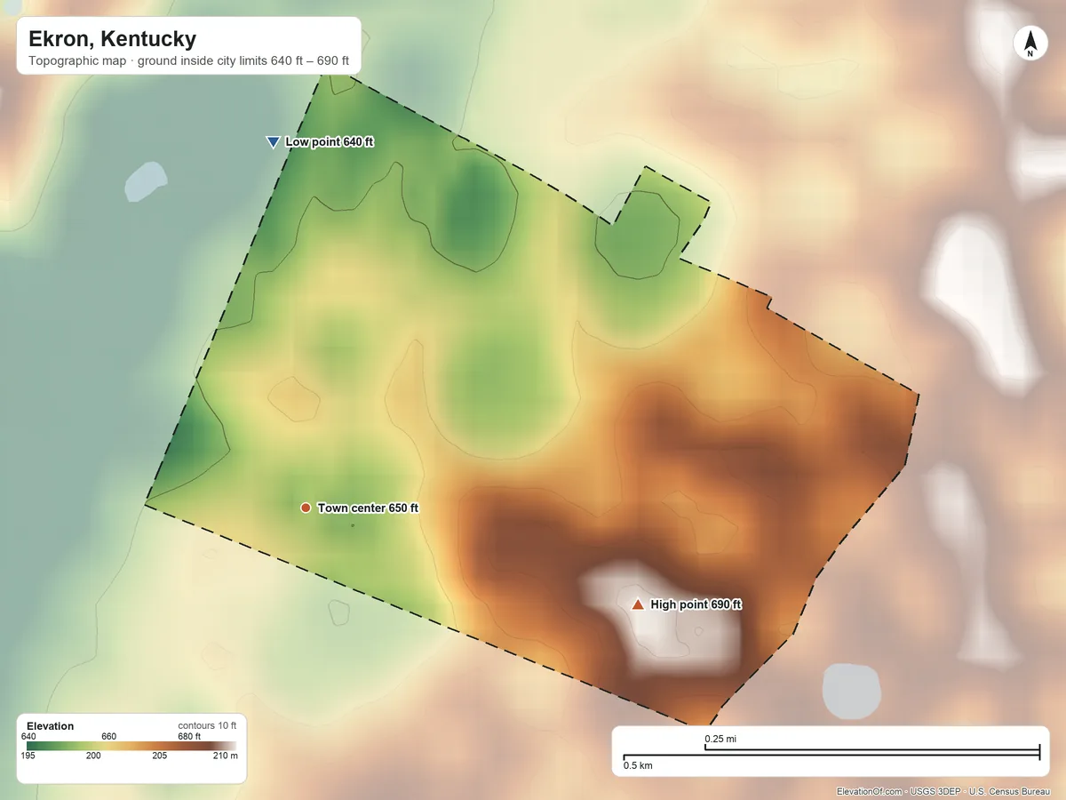 Topographic elevation map of Ekron, Kentucky, shaded from 640 ft on the north side to 690 ft on the east side