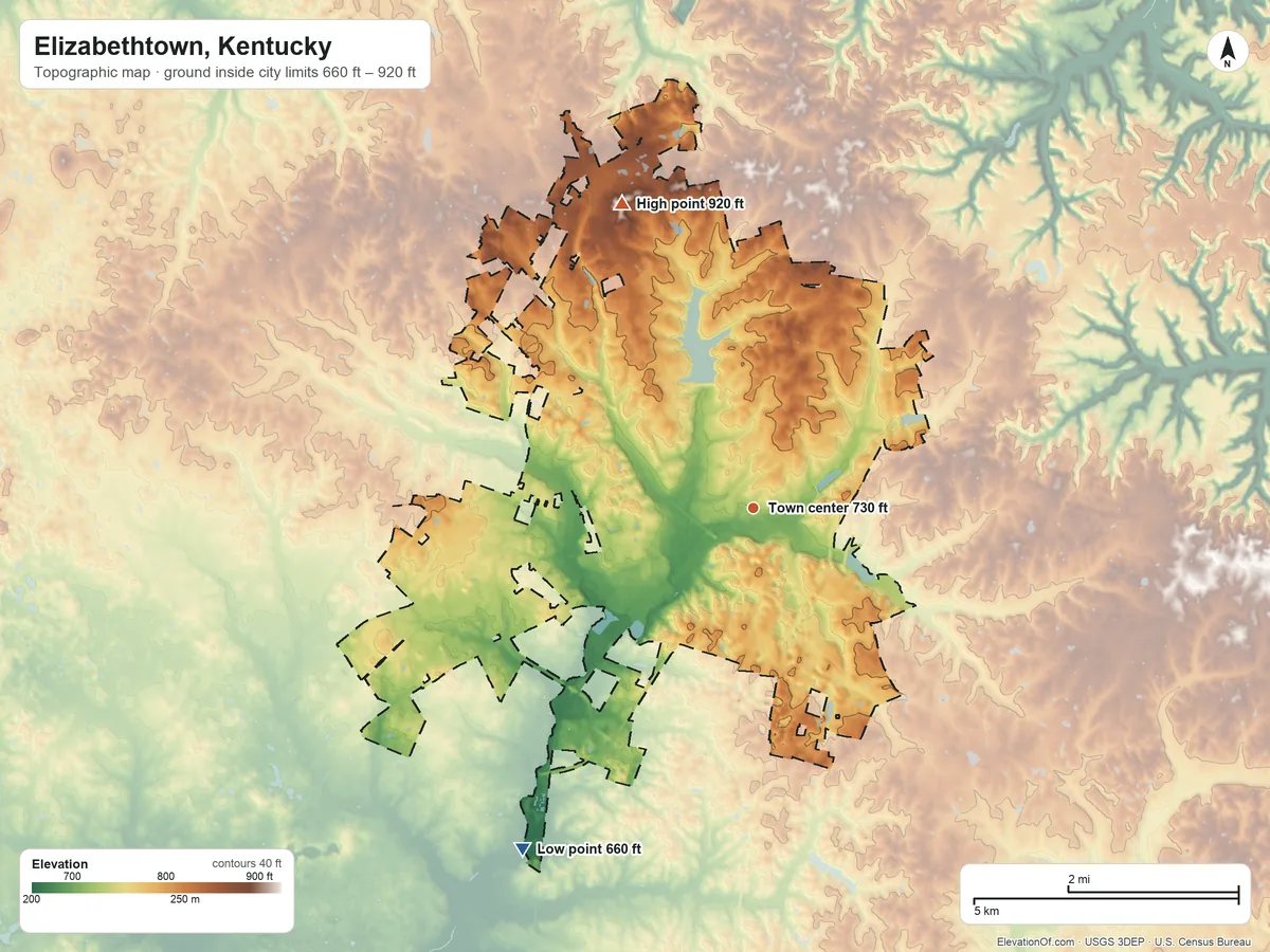 Topographic elevation map of Elizabethtown, Kentucky, shaded from 660 ft on the southwest side to 920 ft on the northwest side