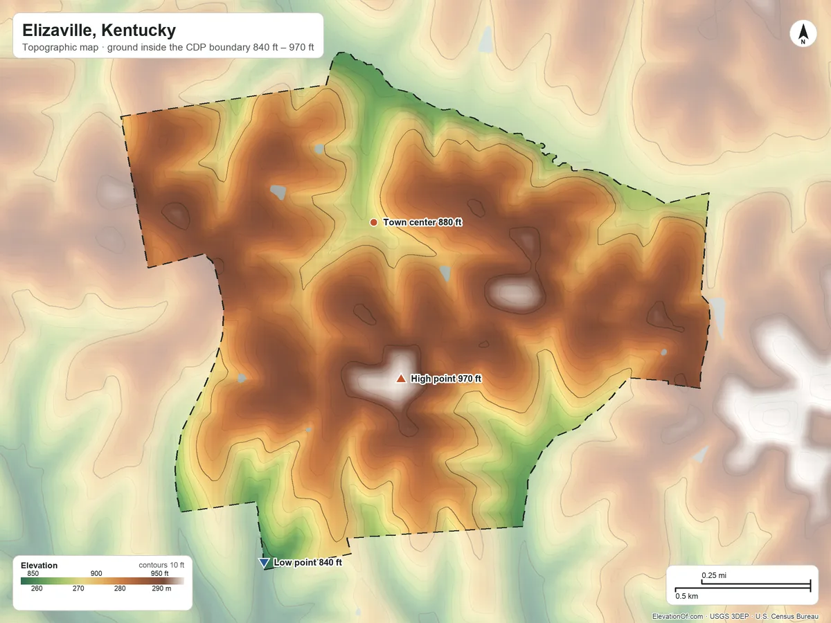 Topographic elevation map of Elizaville, Kentucky, shaded from 840 ft on the south side to 970 ft on the south side