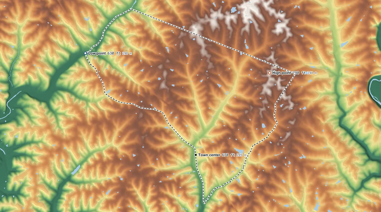 Topographic elevation map of Elk Creek, Kentucky, shaded from 630 ft on the northwest side to 790 ft on the northeast side