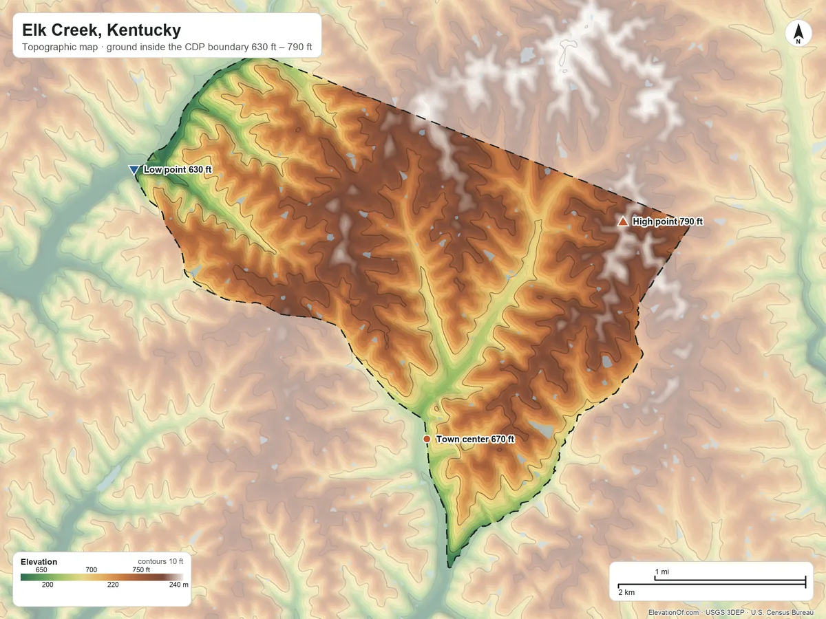 Topographic elevation map of Elk Creek, Kentucky, shaded from 630 ft on the northwest side to 790 ft on the northeast side
