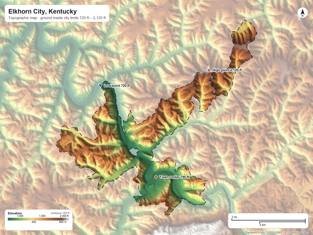 Topographic elevation map of Elkhorn City, Kentucky, shaded from 720 ft on the northwest side to 2,120 ft on the northeast side