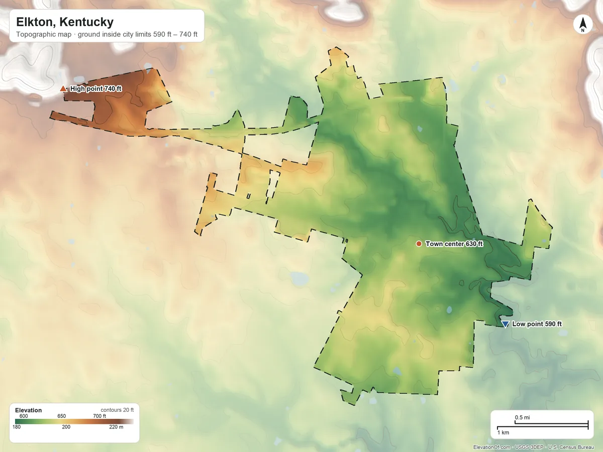 Topographic elevation map of Elkton, Kentucky, shaded from 590 ft on the southeast side to 740 ft on the northwest side