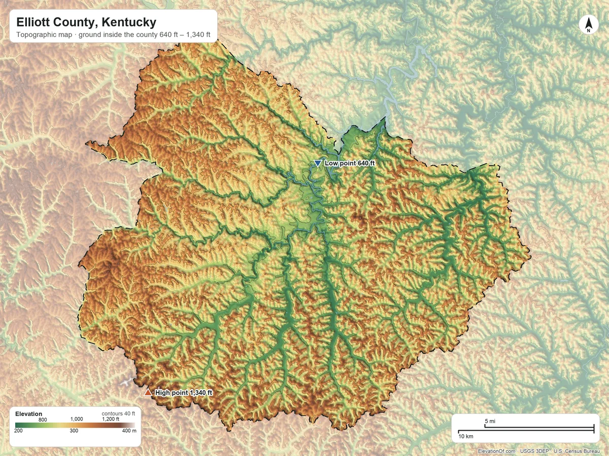 Topographic elevation map of Elliott County, Kentucky, shaded from 640 ft on the north side to 1,340 ft on the southwest side