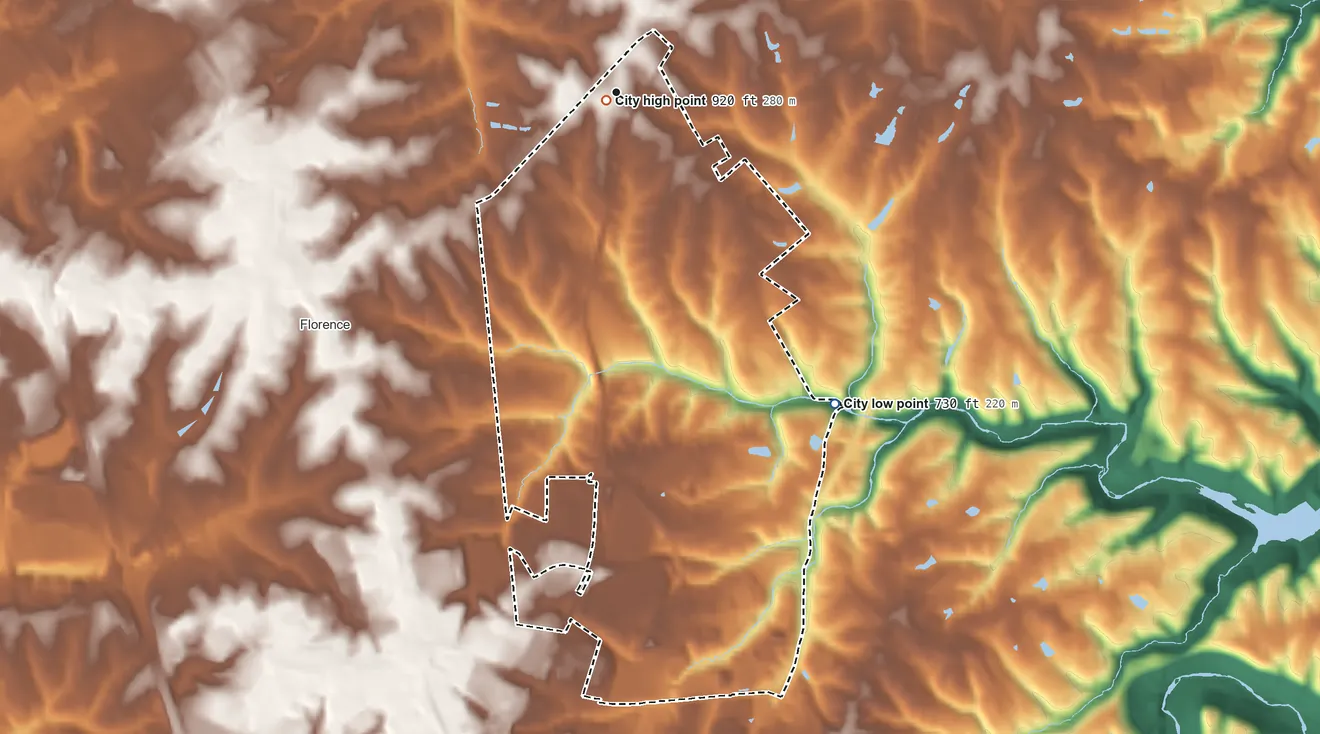 Topographic elevation map of Elsmere, Kentucky, shaded from 730 ft on the southeast side to 920 ft near the middle