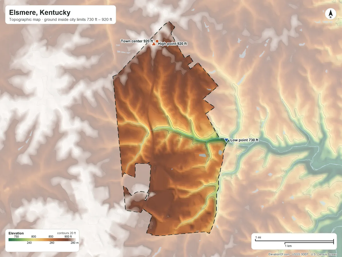Topographic elevation map of Elsmere, Kentucky, shaded from 730 ft on the southeast side to 920 ft near the middle
