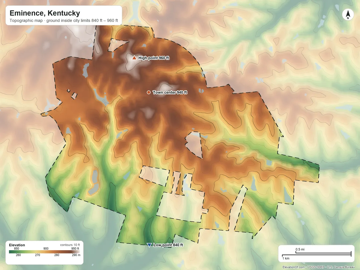 Topographic elevation map of Eminence, Kentucky, shaded from 840 ft on the south side to 960 ft on the northwest side