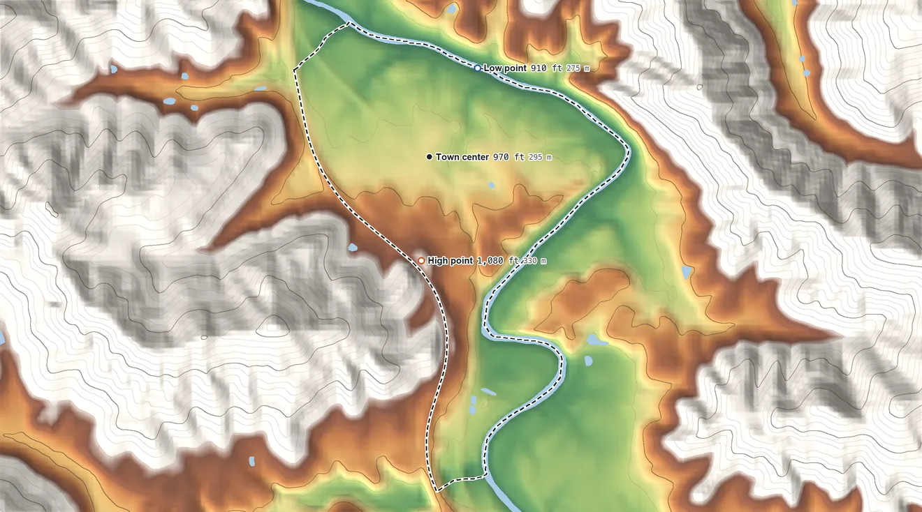 Topographic elevation map of Emlyn, Kentucky, shaded from 910 ft on the northeast side to 1,080 ft on the south edge, below higher ground just outside