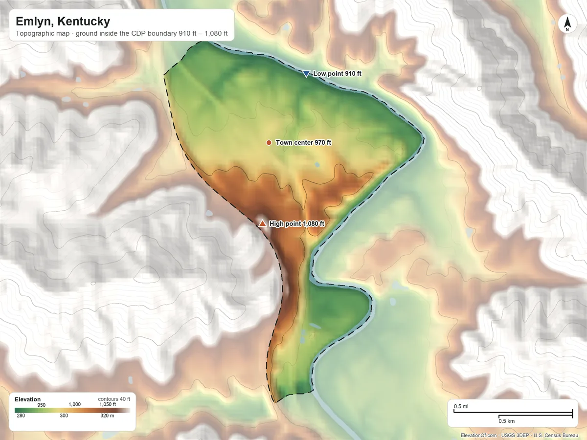 Topographic elevation map of Emlyn, Kentucky, shaded from 910 ft on the northeast side to 1,080 ft on the south edge, below higher ground just outside