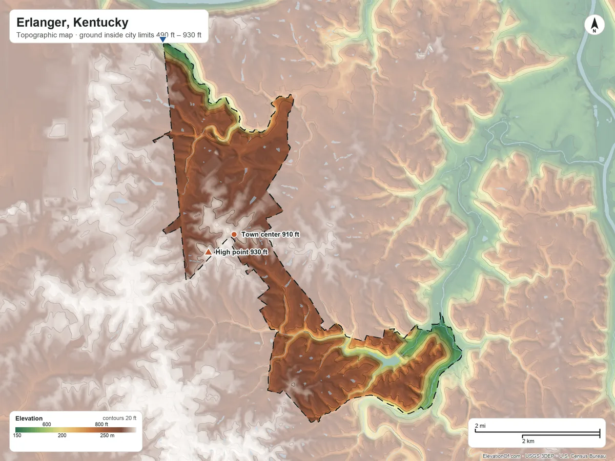Topographic elevation map of Erlanger, Kentucky, shaded from 490 ft on the north side to 930 ft near the middle