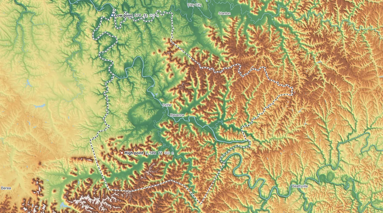 Topographic elevation map of Estill County, Kentucky, shaded from 570 ft on the northwest side to 1,500 ft on Zion Mountain