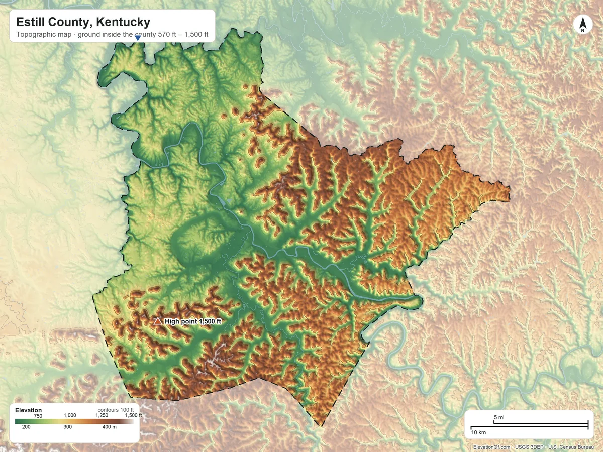 Topographic elevation map of Estill County, Kentucky, shaded from 570 ft on the northwest side to 1,500 ft on Zion Mountain