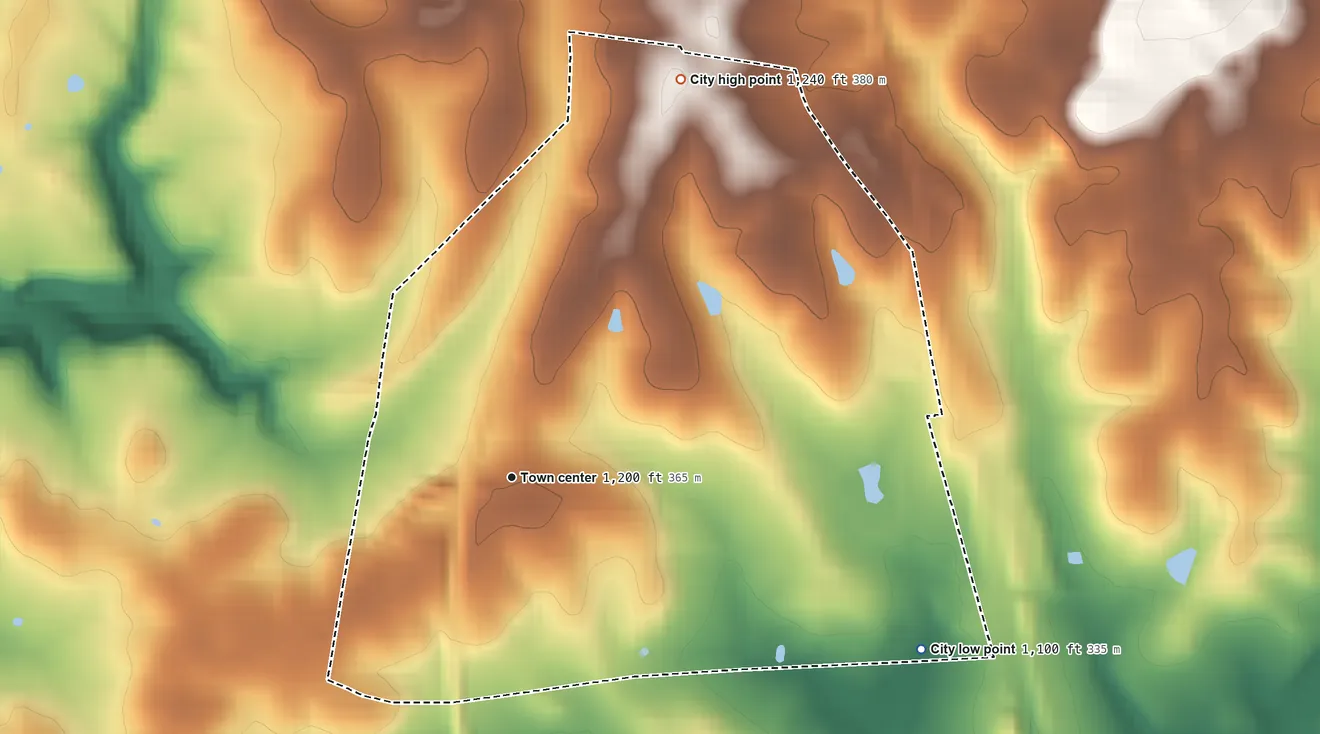 Topographic elevation map of Eubank, Kentucky, shaded from 1,100 ft on the southeast side to 1,240 ft on the northeast side