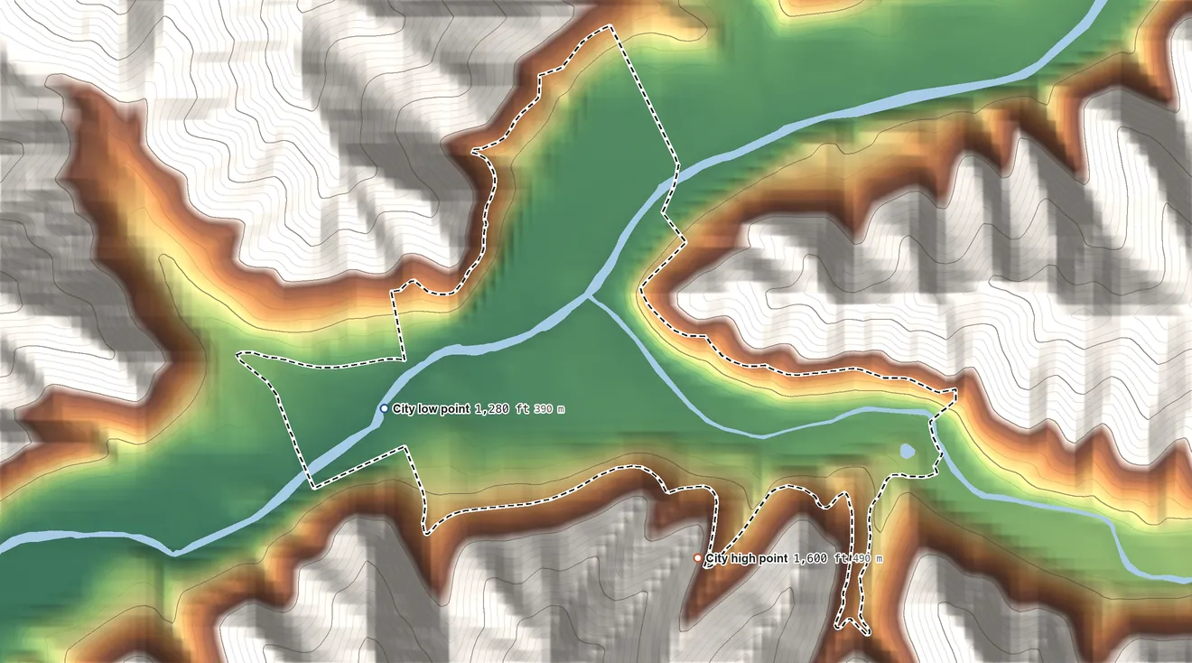 Topographic elevation map of Evarts, Kentucky, shaded from 1,280 ft on the west side to 1,600 ft at the foot of the Pine Mountain