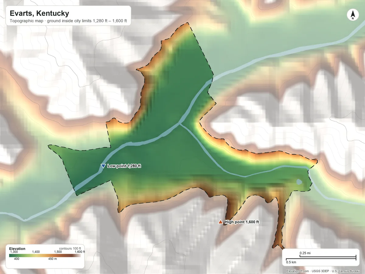 Topographic elevation map of Evarts, Kentucky, shaded from 1,280 ft on the west side to 1,600 ft at the foot of the Pine Mountain