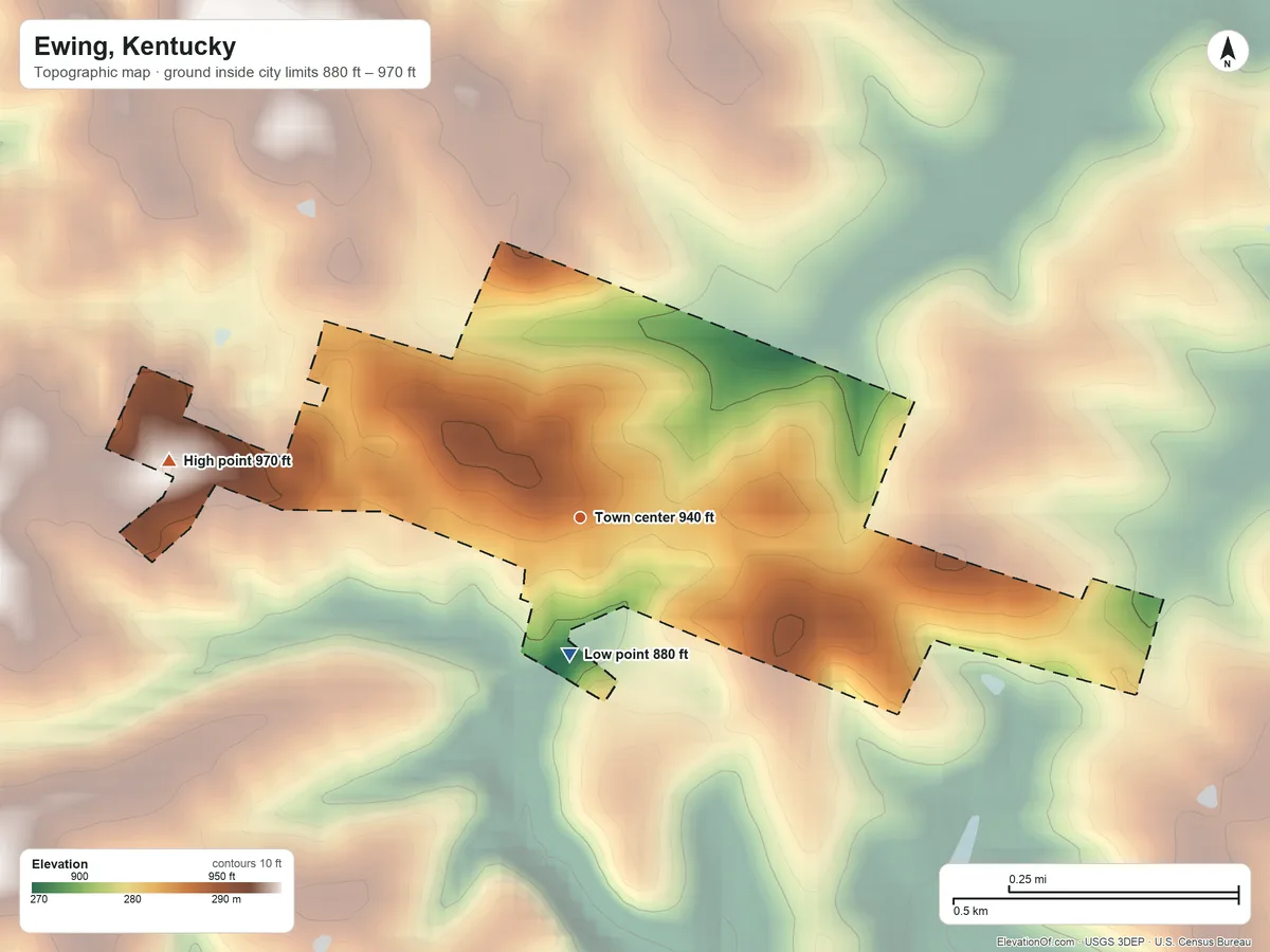 Topographic elevation map of Ewing, Kentucky, shaded from 880 ft on the south side to 970 ft on the west side