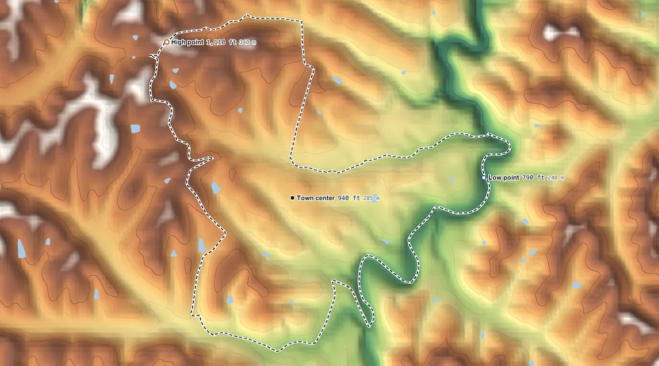 Topographic elevation map of Ezel, Kentucky, shaded from 790 ft on the east side to 1,110 ft on the northwest side