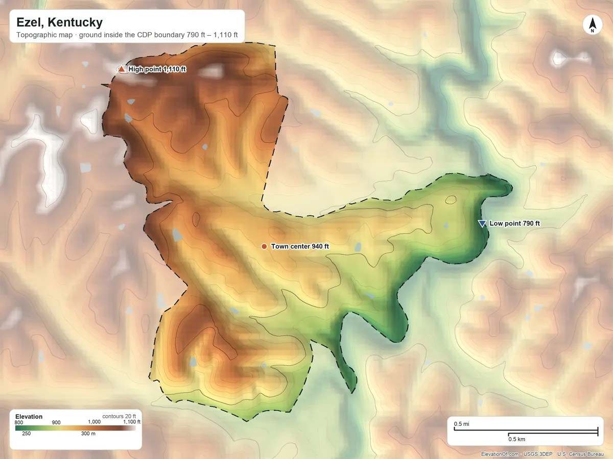 Topographic elevation map of Ezel, Kentucky, shaded from 790 ft on the east side to 1,110 ft on the northwest side