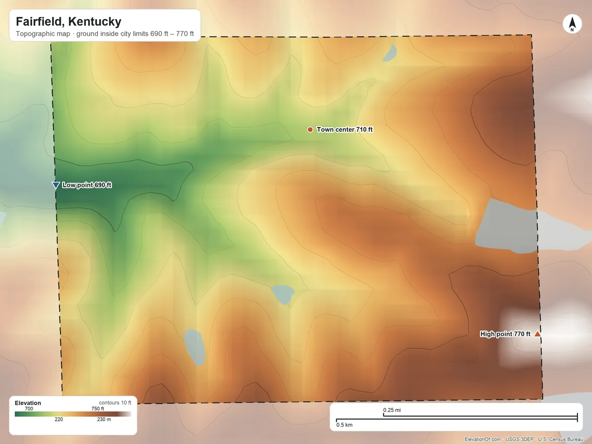 Topographic elevation map of Fairfield, Kentucky, shaded from 690 ft on the west side to 770 ft on the southeast side
