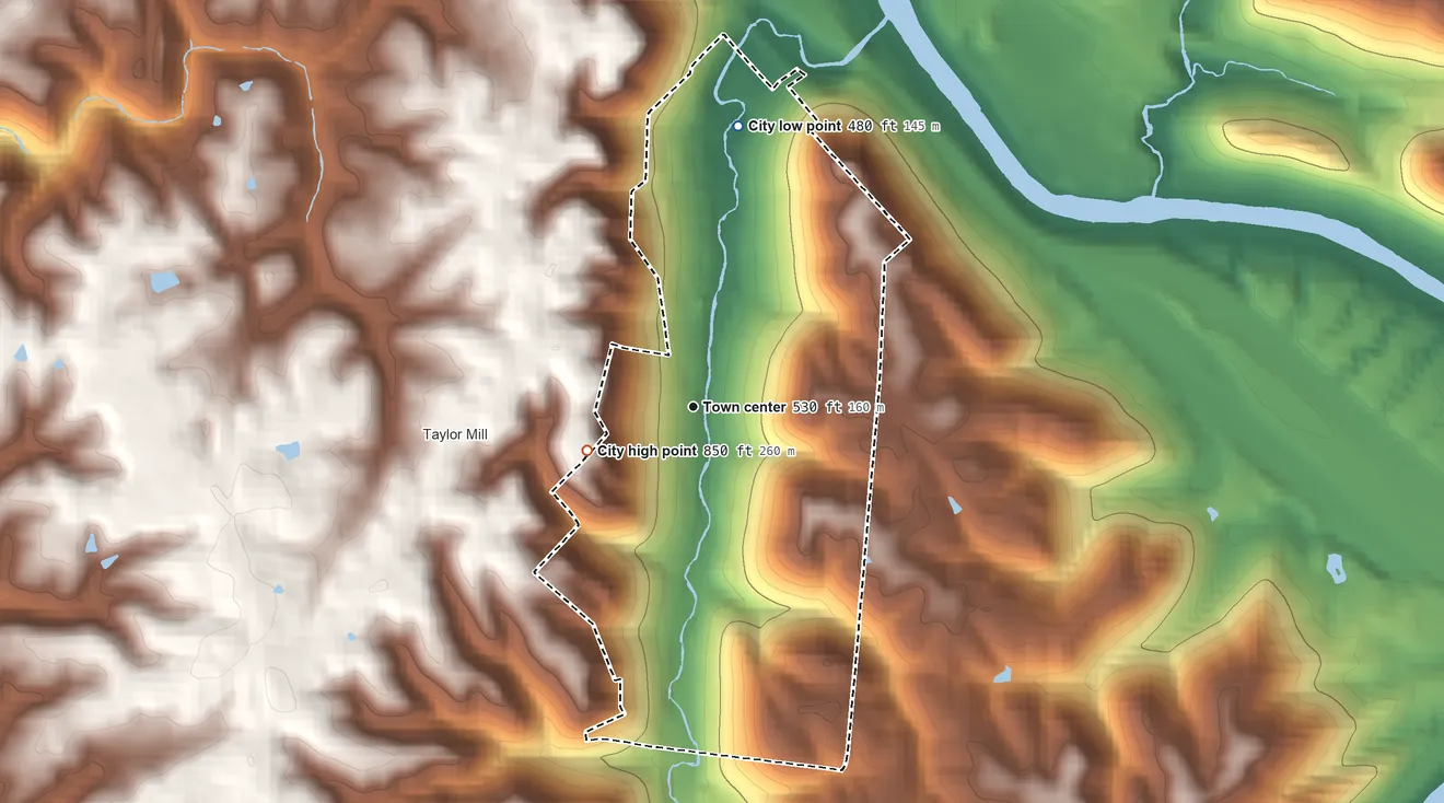 Topographic elevation map of City of Fairview, Kentucky, shaded from 480 ft on the north side to 850 ft on the west side