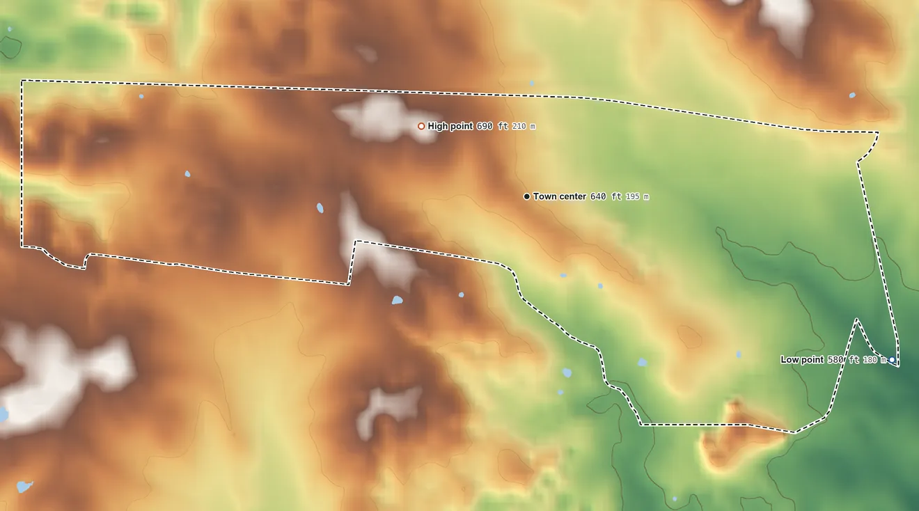 Topographic elevation map of Fairview, Kentucky, shaded from 580 ft on the southeast side to 690 ft on the northwest side