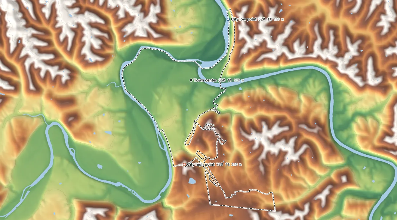 Topographic elevation map of Falmouth, Kentucky, shaded from 520 ft on the northeast side to 780 ft on the south side