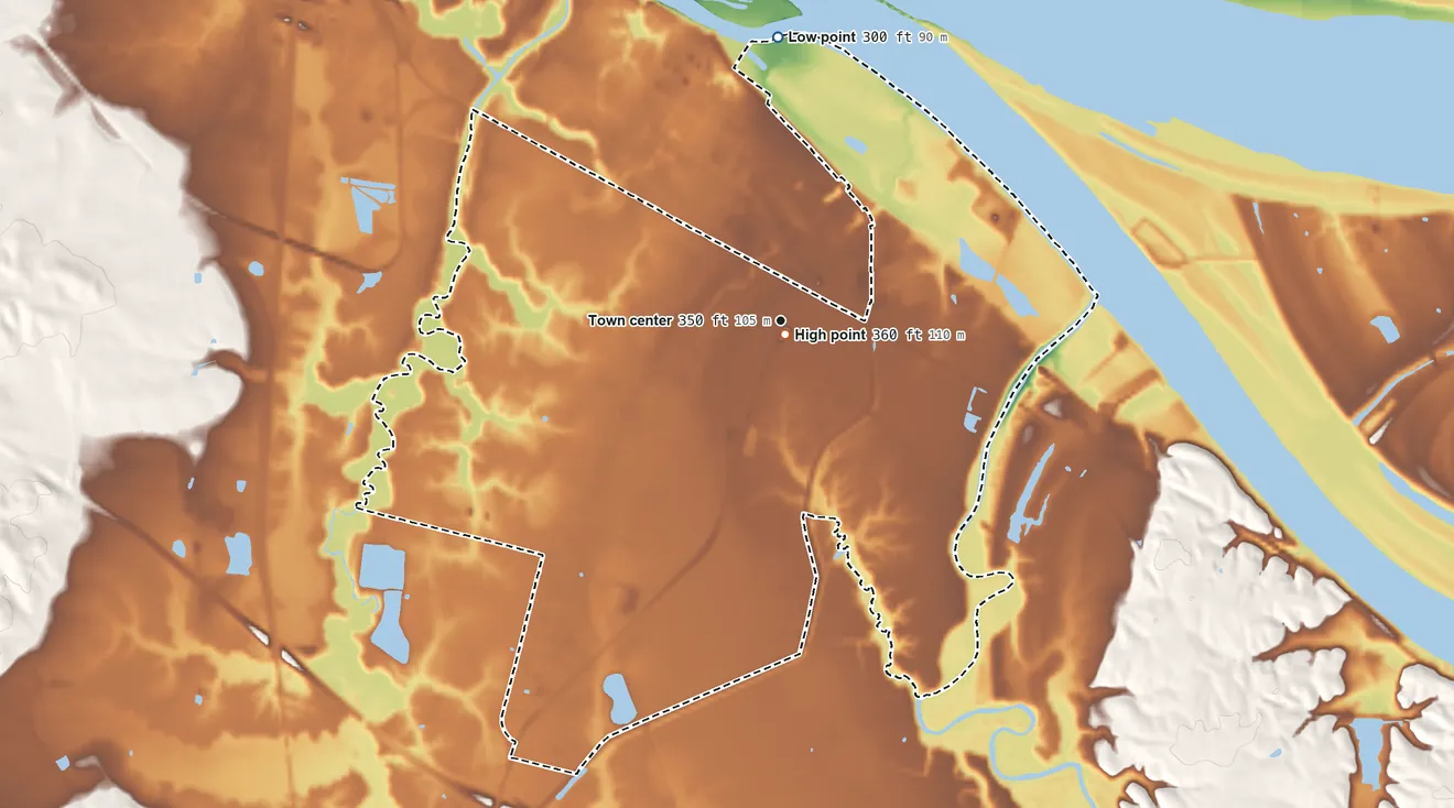 Topographic elevation map of Farley, Kentucky, shaded from 300 ft on the north side to 360 ft near the middle