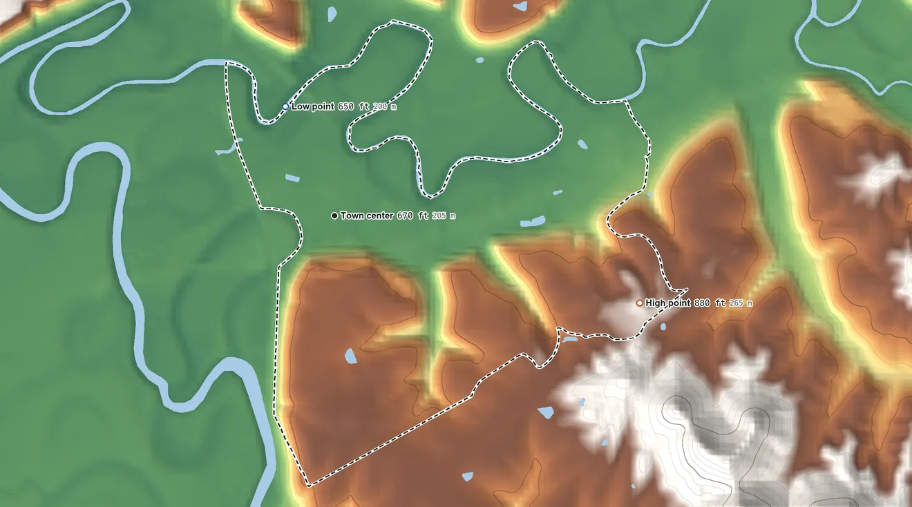 Topographic elevation map of Farmers, Kentucky, shaded from 650 ft on the northwest side to 880 ft on the east edge, below higher ground just outside