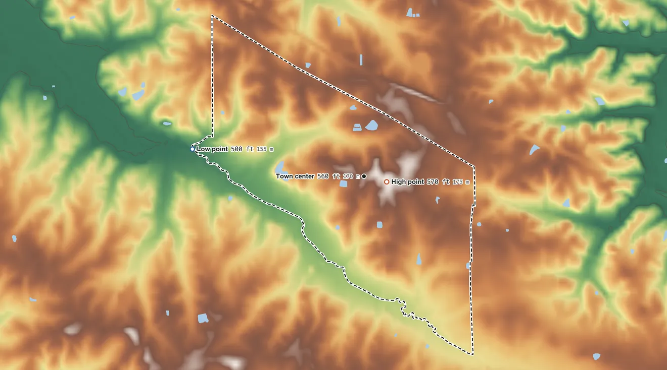 Topographic elevation map of Farmington, Kentucky, shaded from 500 ft on the west side to 570 ft near the middle