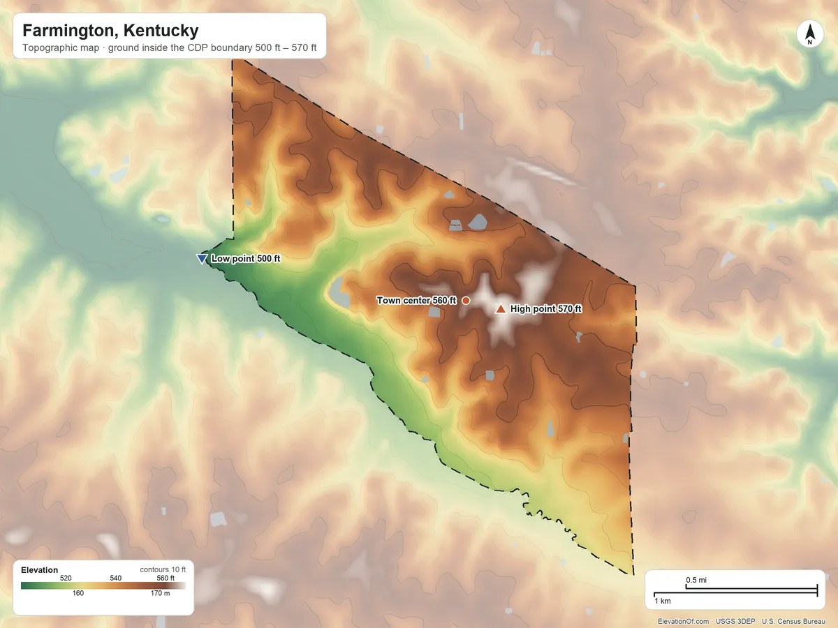 Topographic elevation map of Farmington, Kentucky, shaded from 500 ft on the west side to 570 ft near the middle