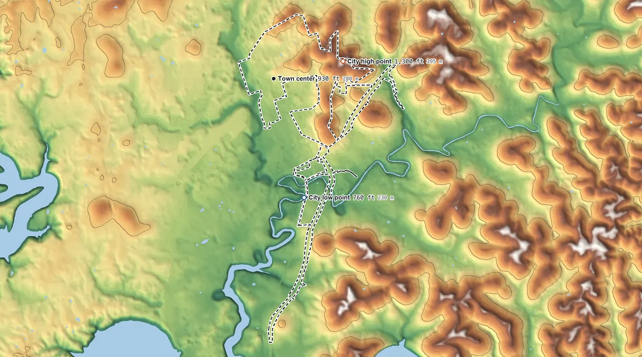 Topographic elevation map of Ferguson, Kentucky, shaded from 760 ft on the south side to 1,300 ft on the east side