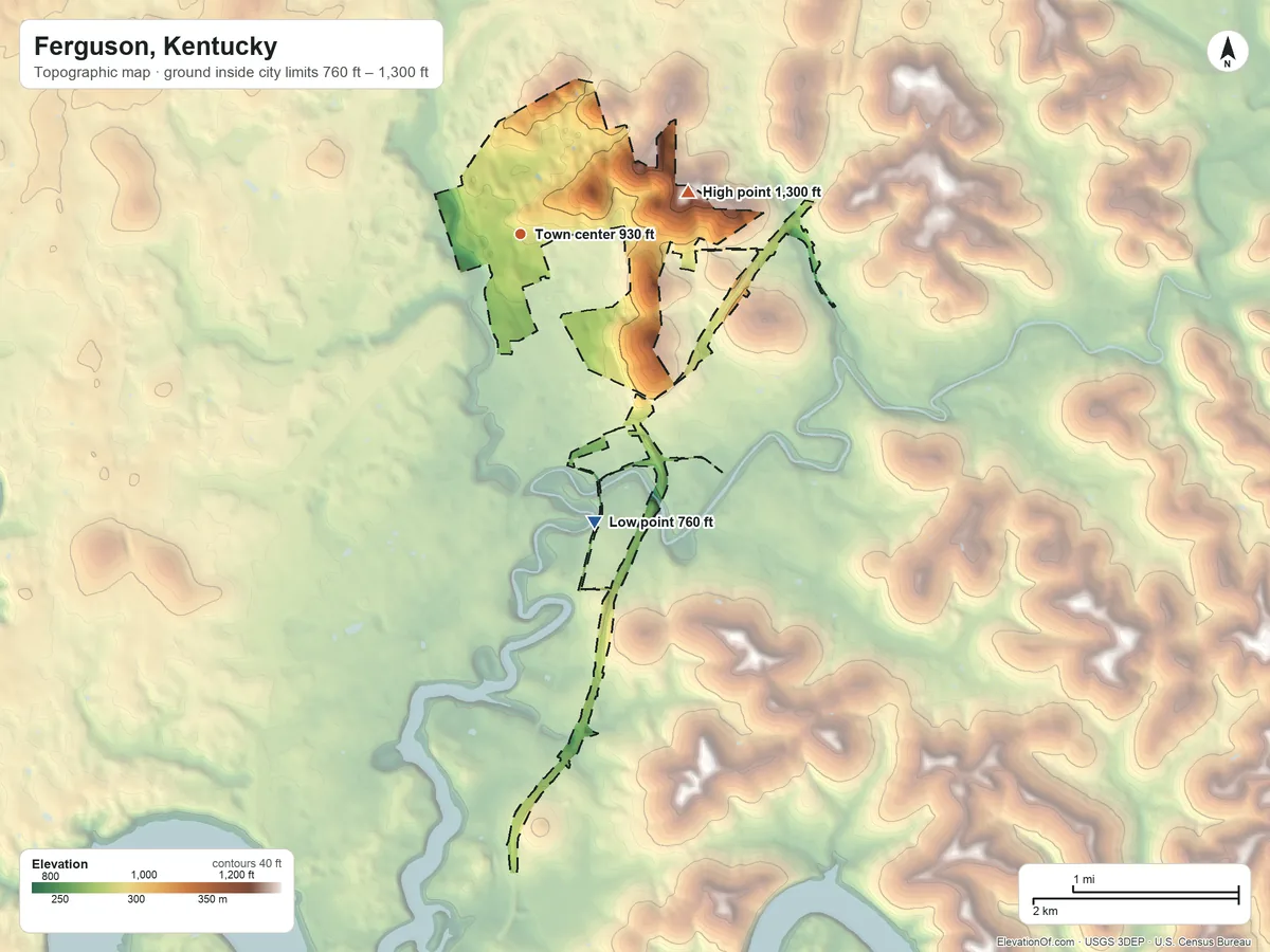 Topographic elevation map of Ferguson, Kentucky, shaded from 760 ft on the south side to 1,300 ft on the east side