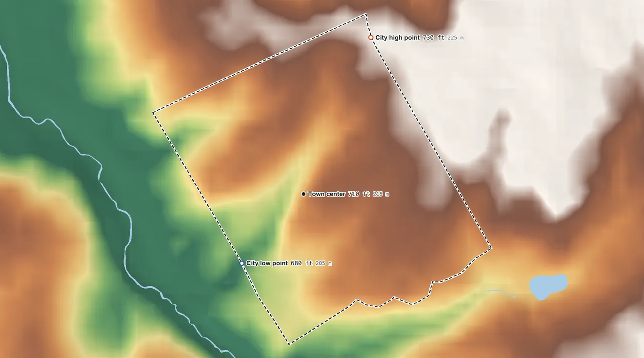 Topographic elevation map of Fincastle, Kentucky, shaded from 680 ft on the southwest side to 730 ft on the northeast side