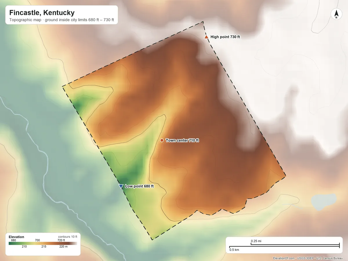 Topographic elevation map of Fincastle, Kentucky, shaded from 680 ft on the southwest side to 730 ft on the northeast side