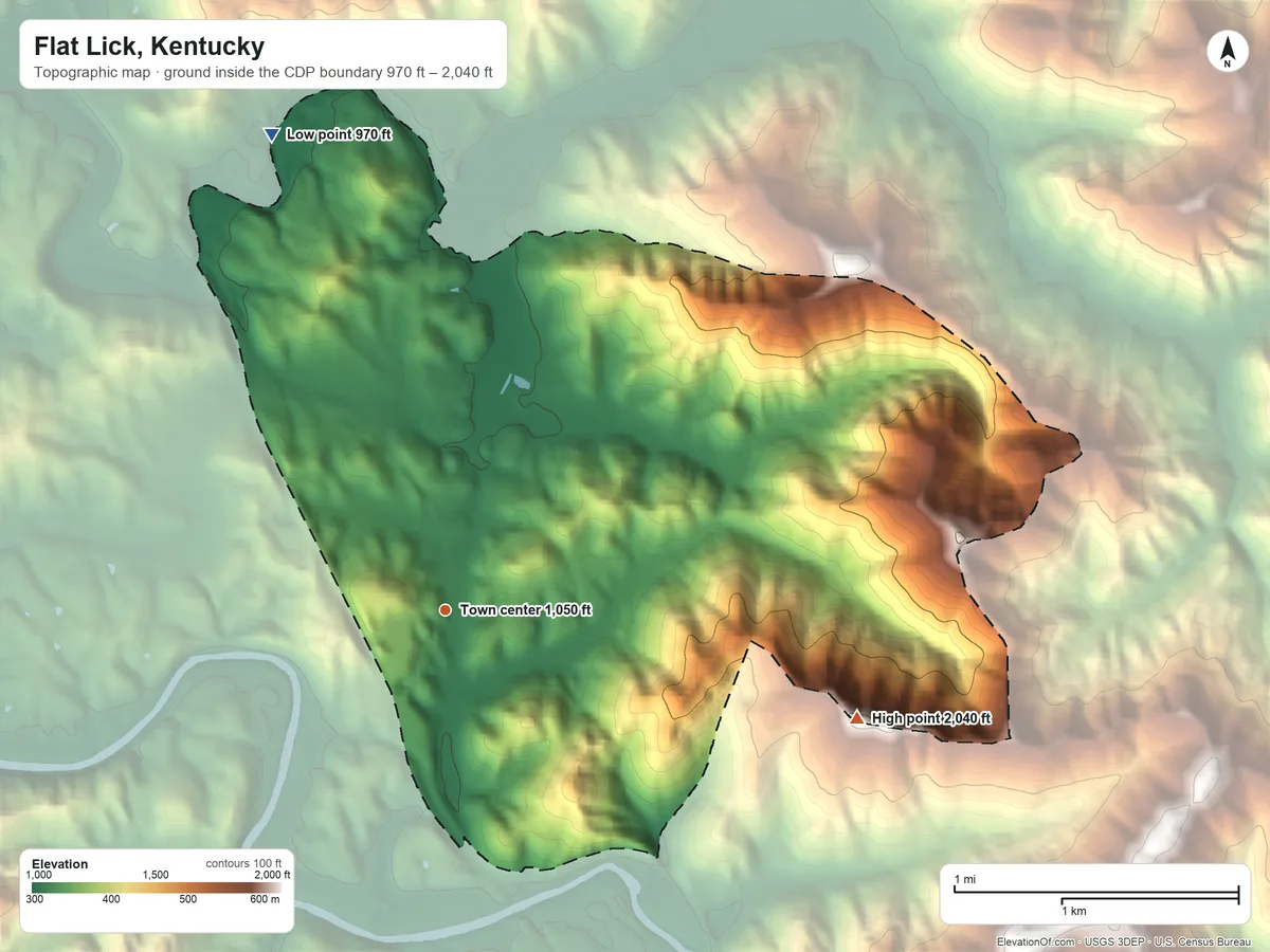 Topographic elevation map of Flat Lick, Kentucky, shaded from 970 ft on the north side to 2,040 ft on the east side