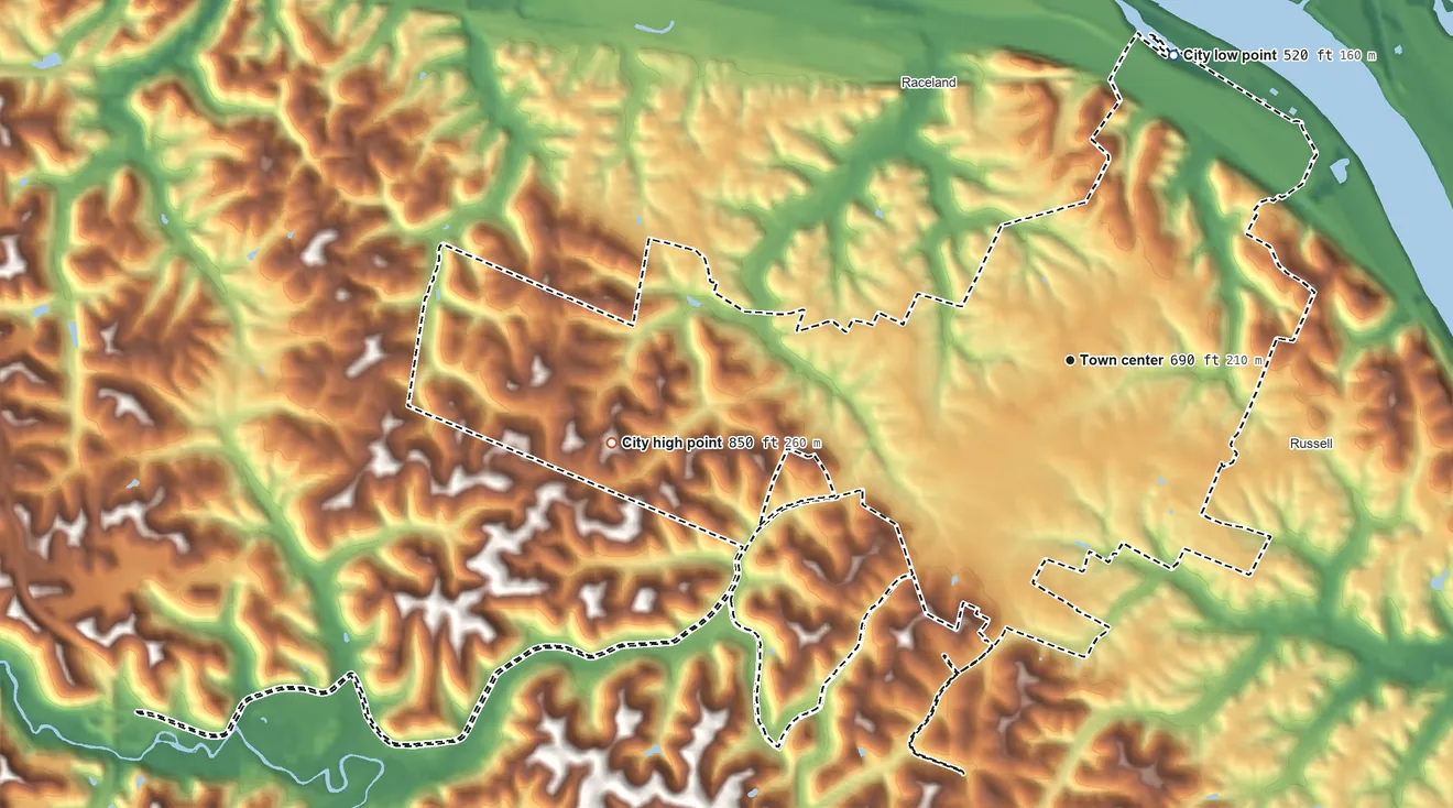 Topographic elevation map of Flatwoods, Kentucky, shaded from 520 ft on the north side to 850 ft on the west side