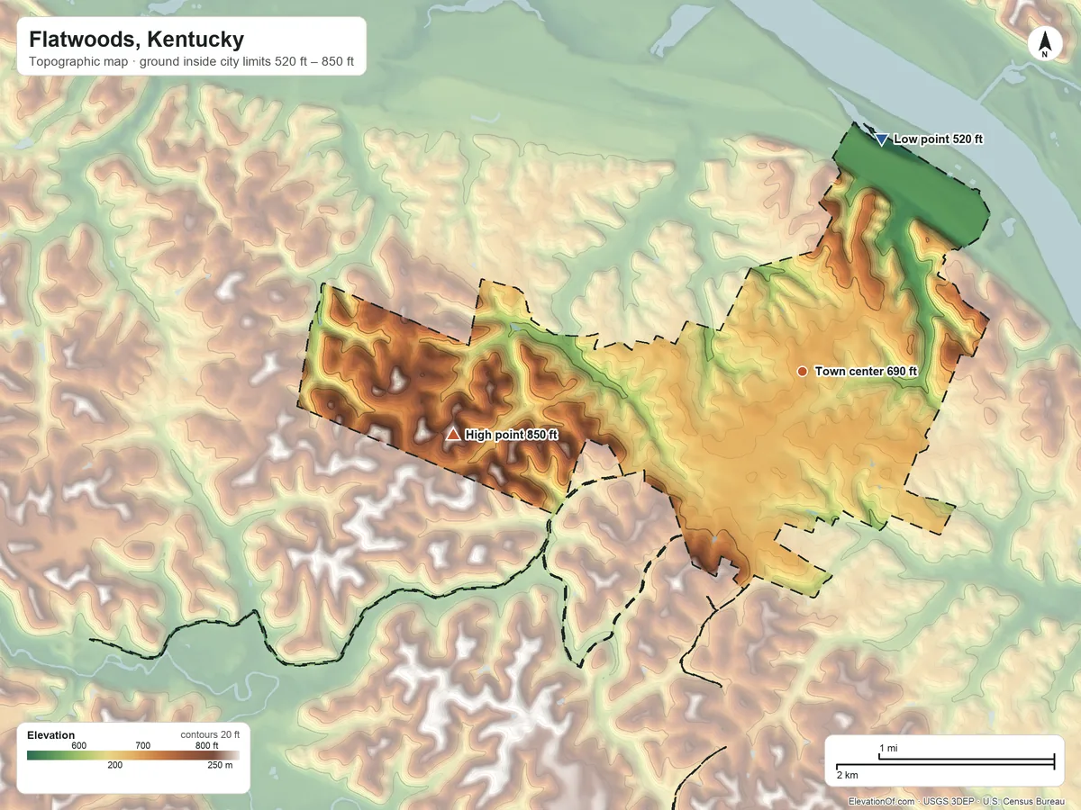 Topographic elevation map of Flatwoods, Kentucky, shaded from 520 ft on the north side to 850 ft on the west side