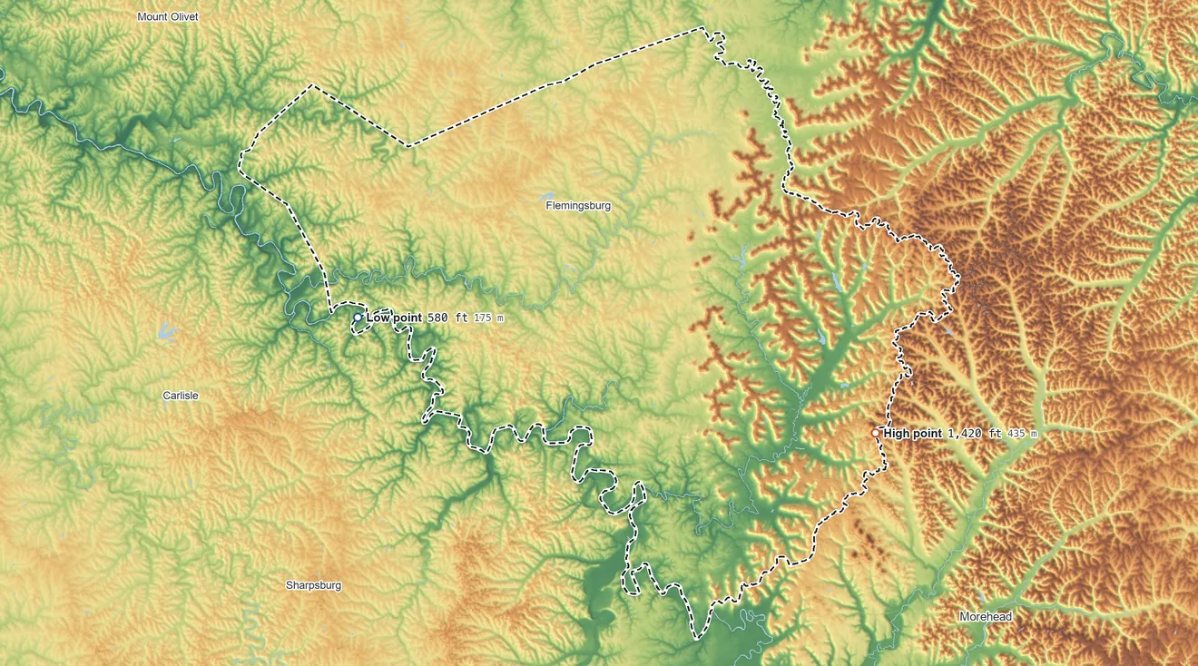 Topographic elevation map of Fleming County, Kentucky, shaded from 580 ft on the west side to 1,420 ft on the east side