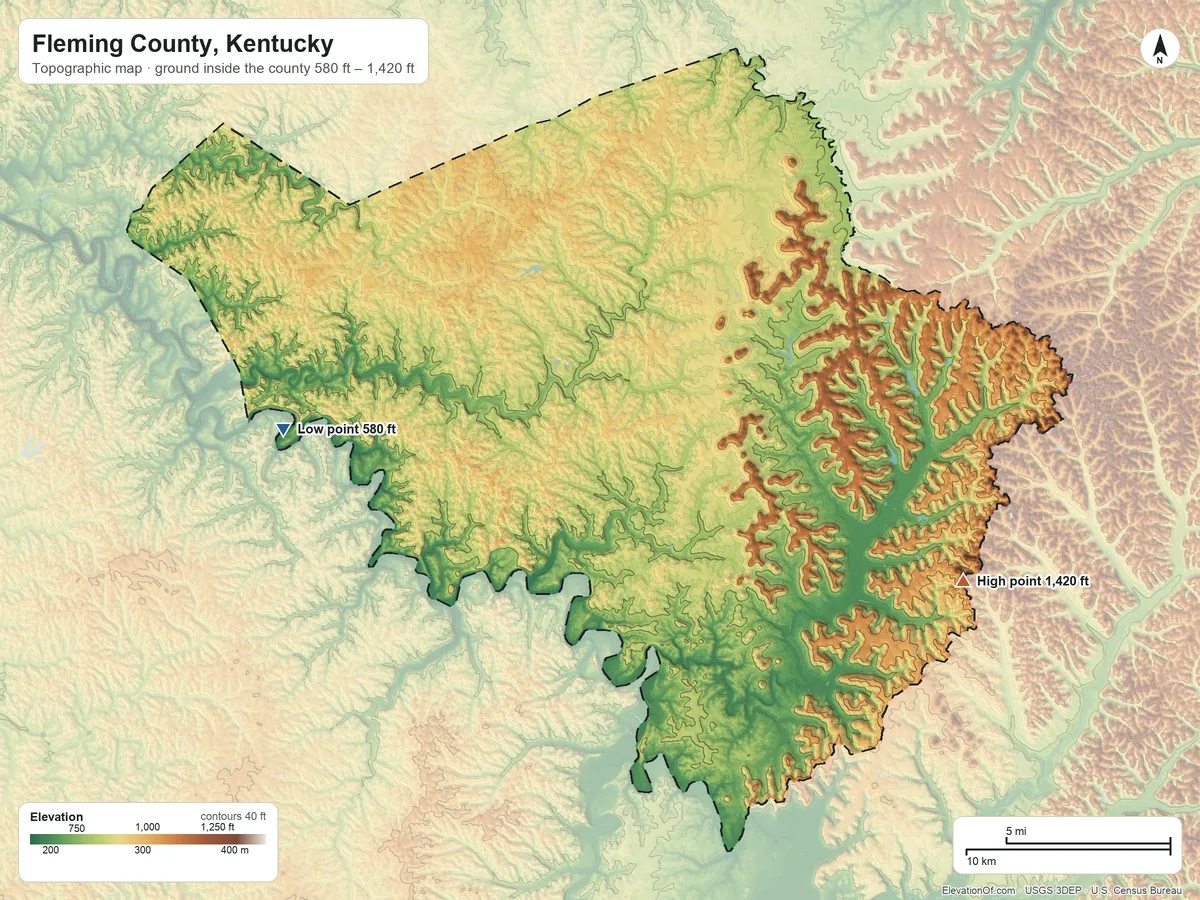 Topographic elevation map of Fleming County, Kentucky, shaded from 580 ft on the west side to 1,420 ft on the east side